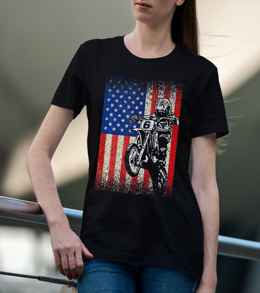 Dirt Bike American Flag Motocross Biker Number 6 T-Shirt