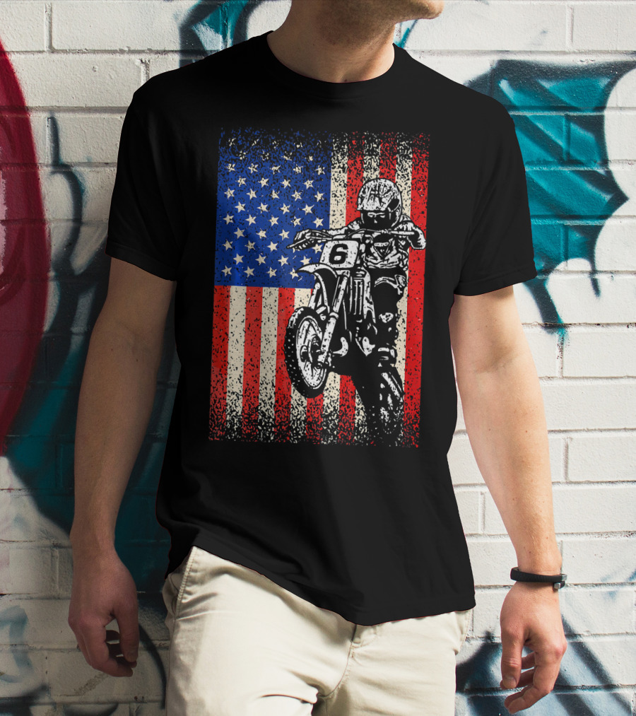 Dirt Bike American Flag Motocross Biker Number 6 T-Shirt