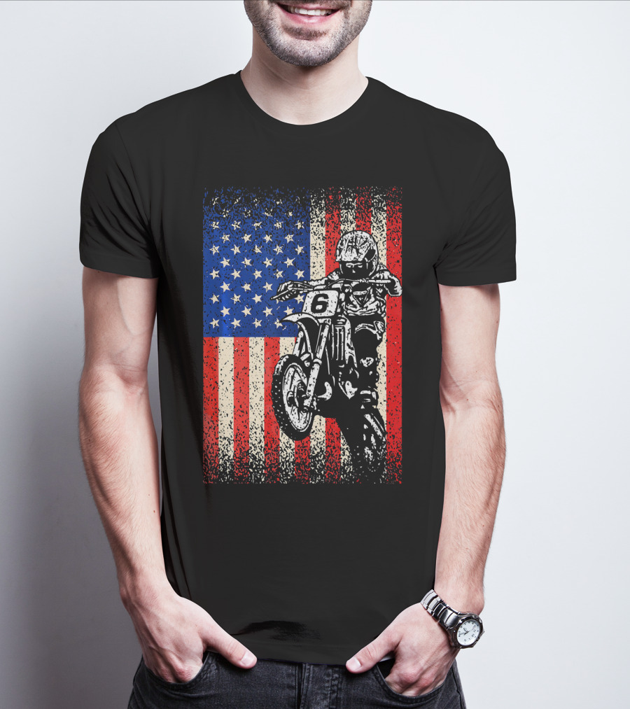 Dirt Bike American Flag Motocross Biker Number 6 T-Shirt