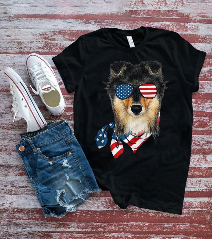 Sheltie Dog With American Flag Sunglasses And Bandana Patriotic T-Shirt