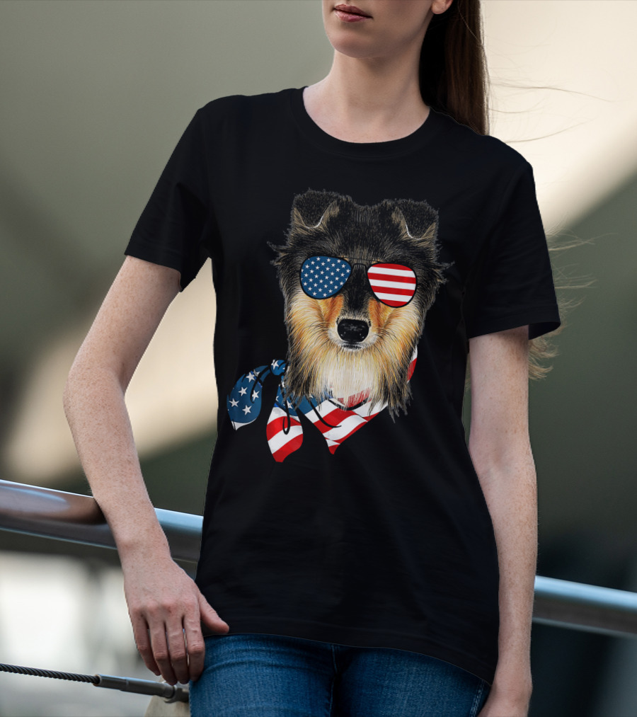 Sheltie Dog With American Flag Sunglasses And Bandana Patriotic T-Shirt