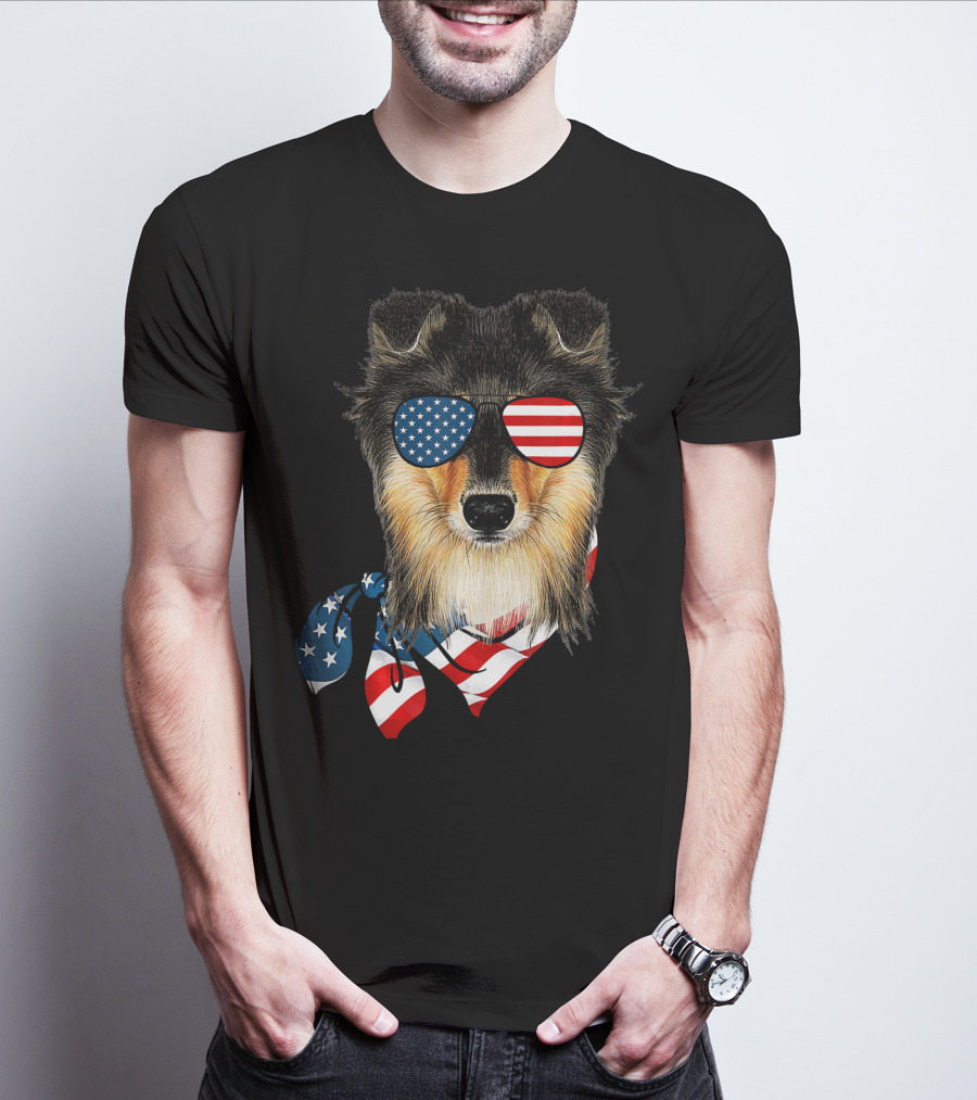 Sheltie Dog With American Flag Sunglasses And Bandana Patriotic T-Shirt