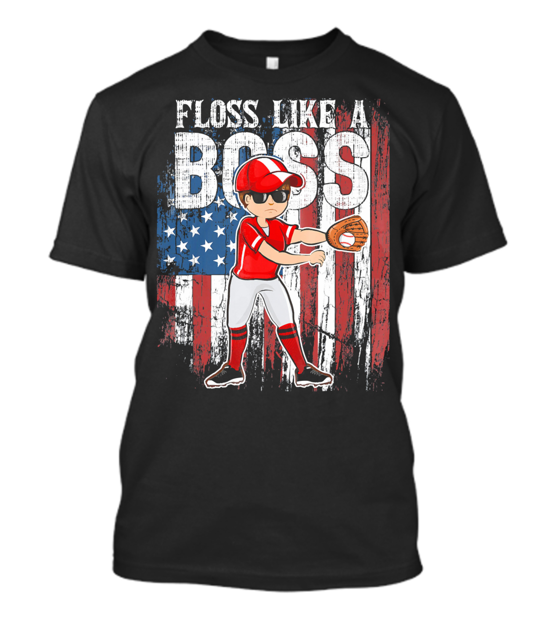 Floss Like A Boss American Baseball Spirit With Flag Background T-Shirt