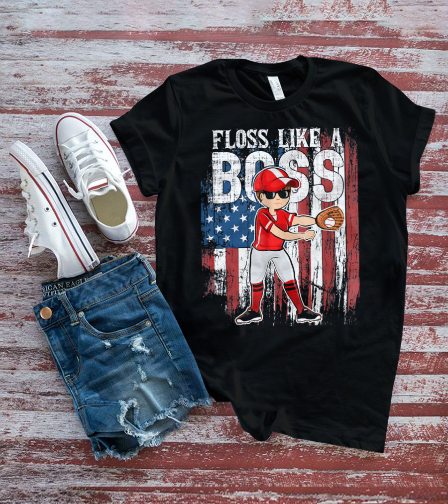 Floss Like A Boss American Baseball Spirit With Flag Background T-Shirt