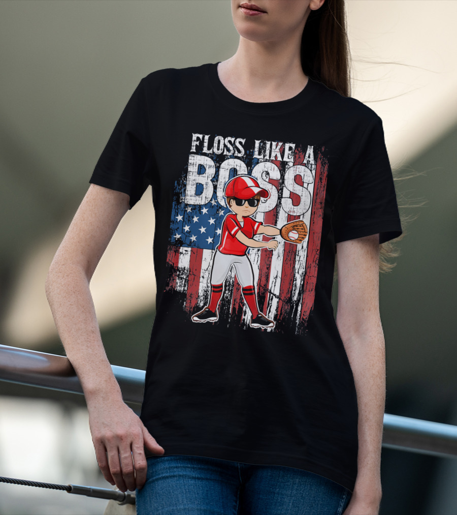 Floss Like A Boss American Baseball Spirit With Flag Background T-Shirt