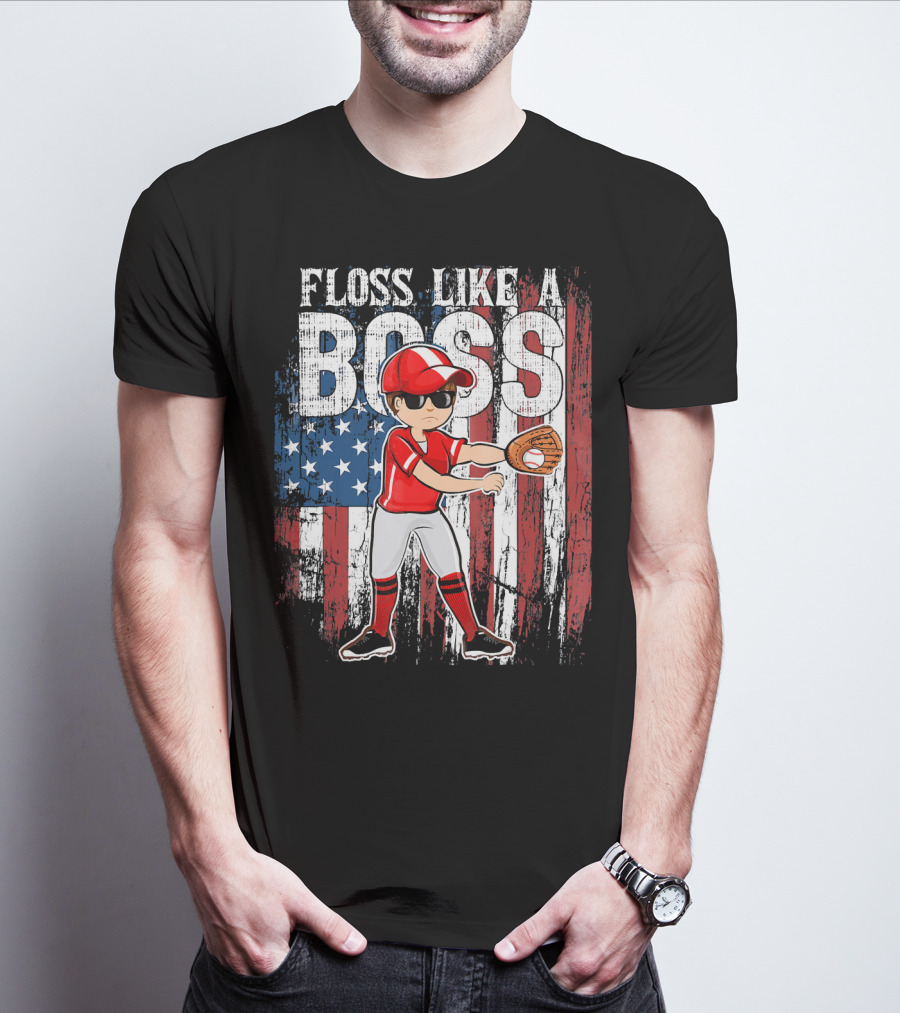 Floss Like A Boss American Baseball Spirit With Flag Background T-Shirt