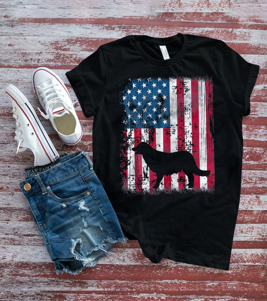 Golden Retriever Silhouette Over American Flag USA T-Shirt