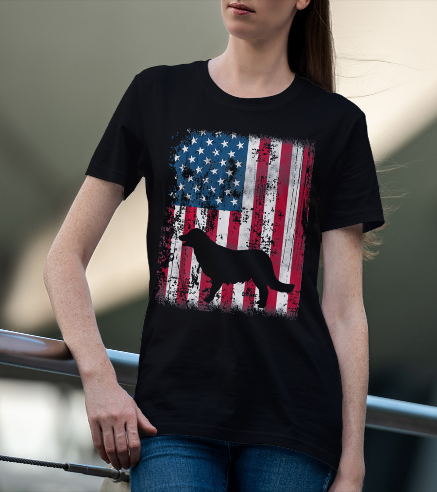 Golden Retriever Silhouette Over American Flag USA T-Shirt