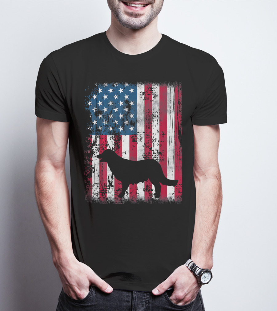 Golden Retriever Silhouette Over American Flag USA T-Shirt