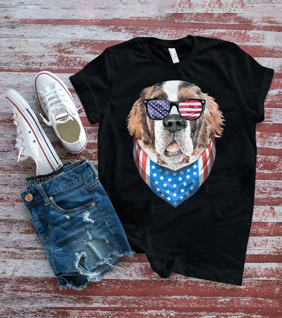 Fourth Of July American Flag Dog Sunglasses Bandana T-Shirt