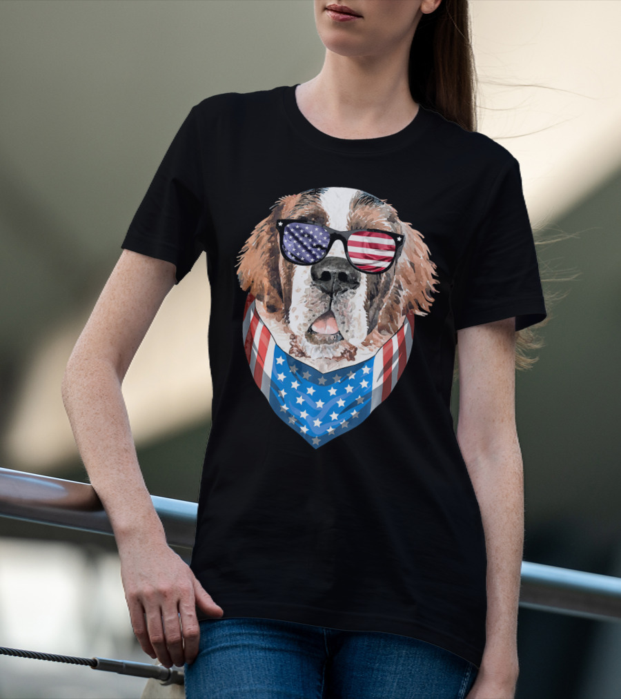 Fourth Of July American Flag Dog Sunglasses Bandana T-Shirt