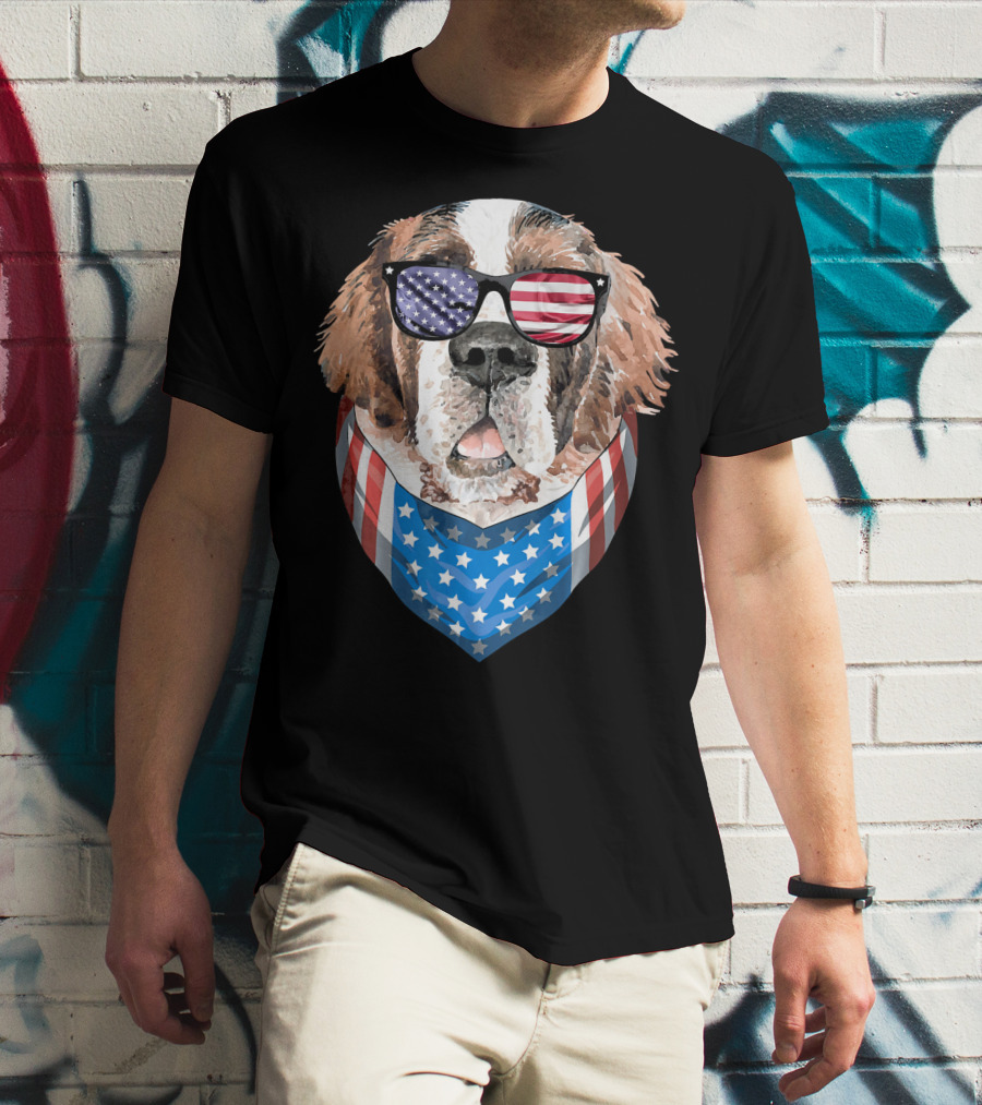Fourth Of July American Flag Dog Sunglasses Bandana T-Shirt