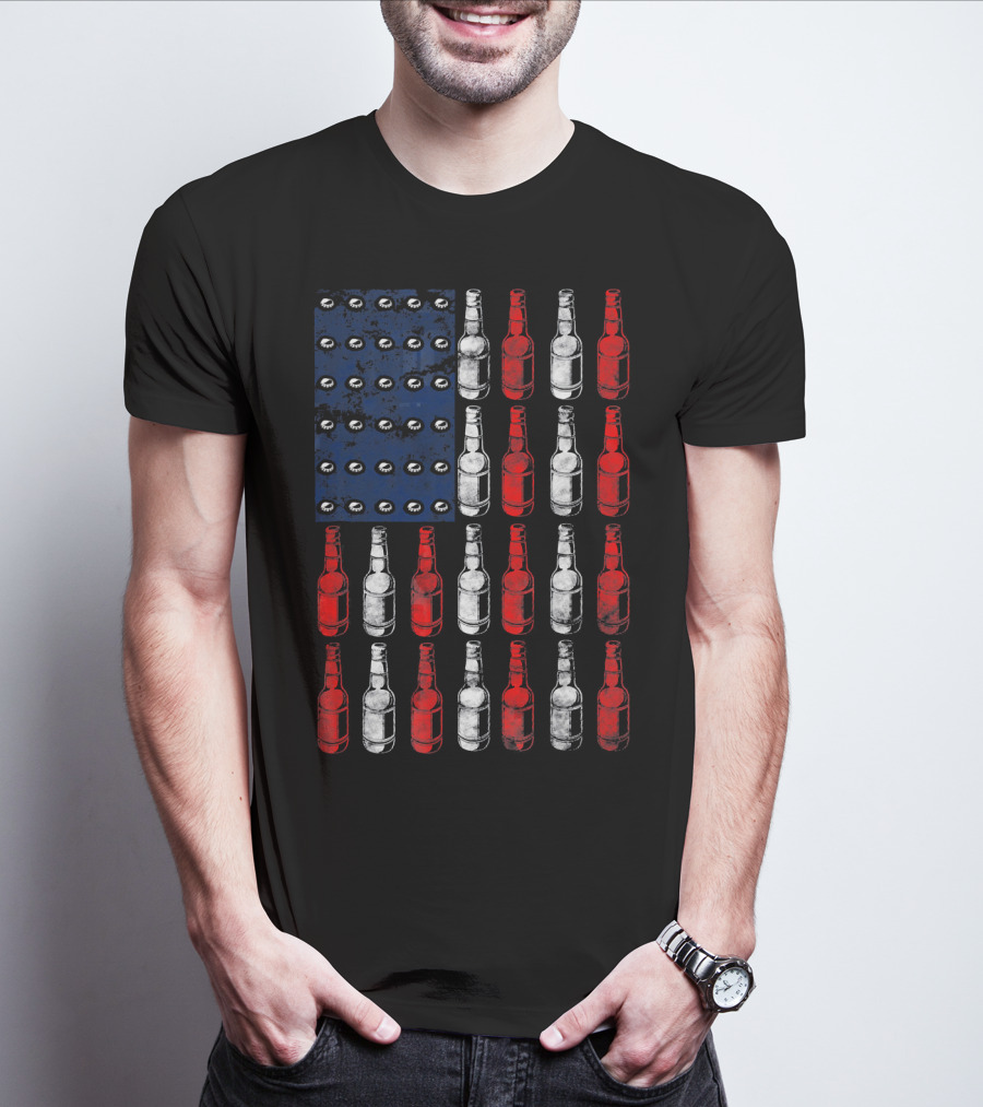 Patriotic American Flag Made Of Beer Bottles In Red White Blue T-Shirt