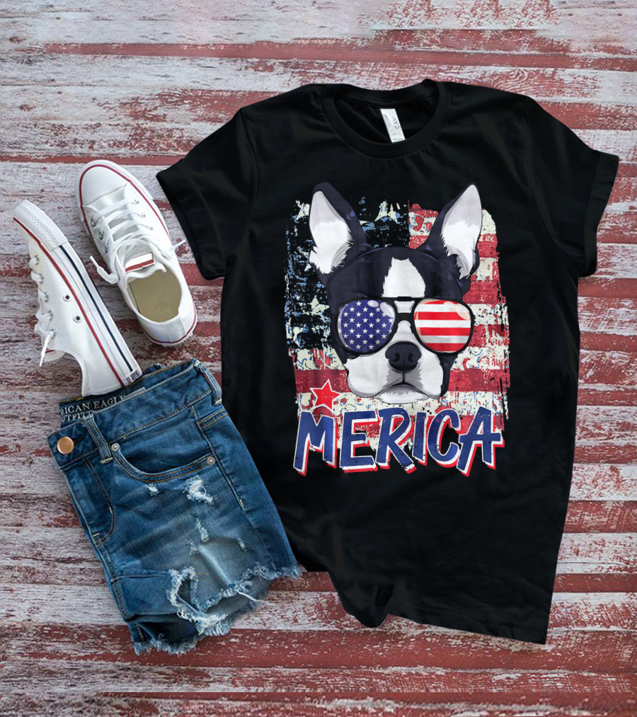 Merica Boston Terrier American Flag Sunglasses T-Shirt