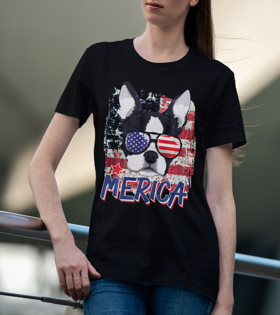 Merica Boston Terrier American Flag Sunglasses T-Shirt