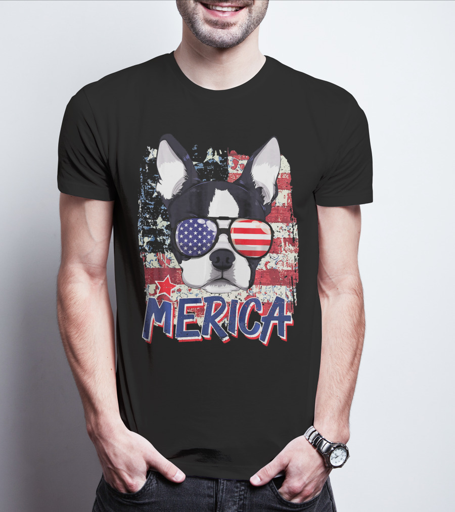 Merica Boston Terrier American Flag Sunglasses T-Shirt