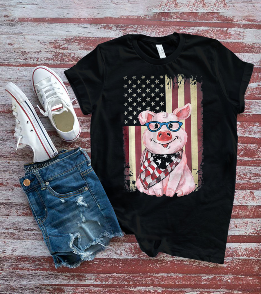 American Flag Pig With Glasses And Bandana T-Shirt