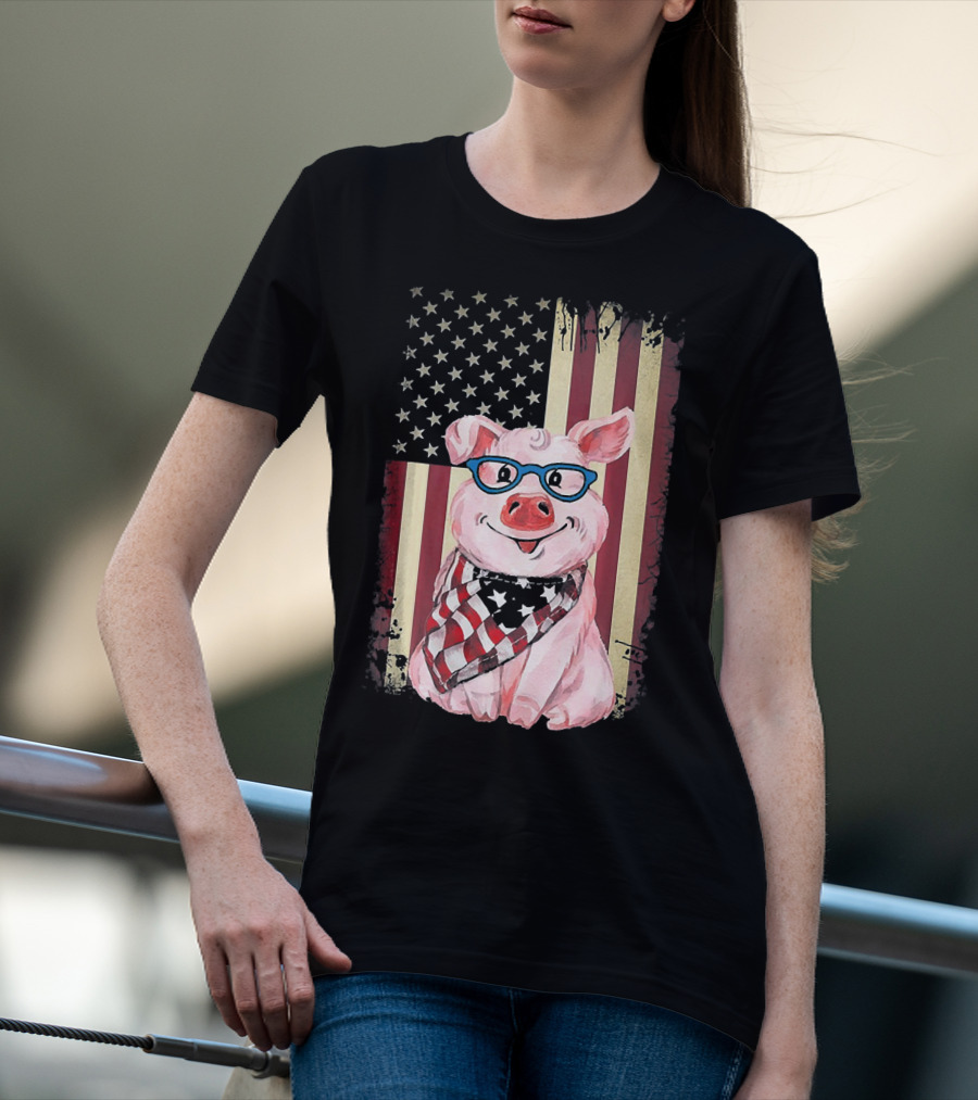 American Flag Pig With Glasses And Bandana T-Shirt