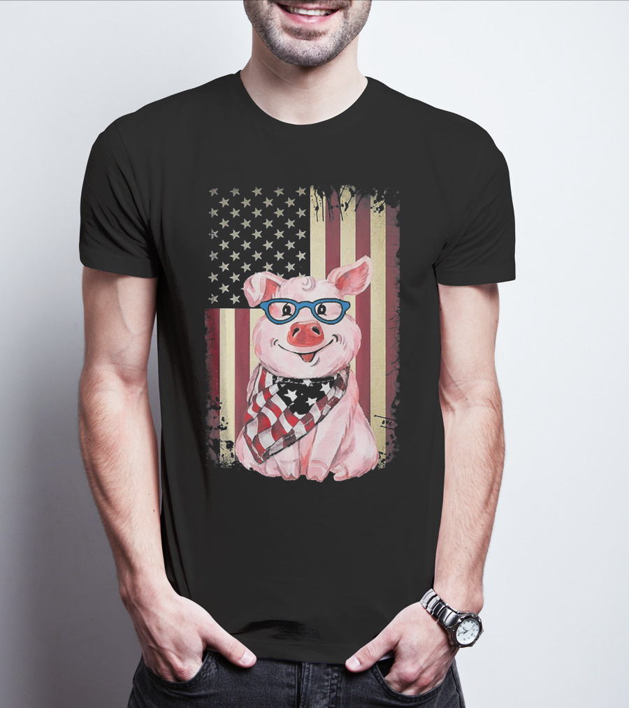 American Flag Pig With Glasses And Bandana T-Shirt