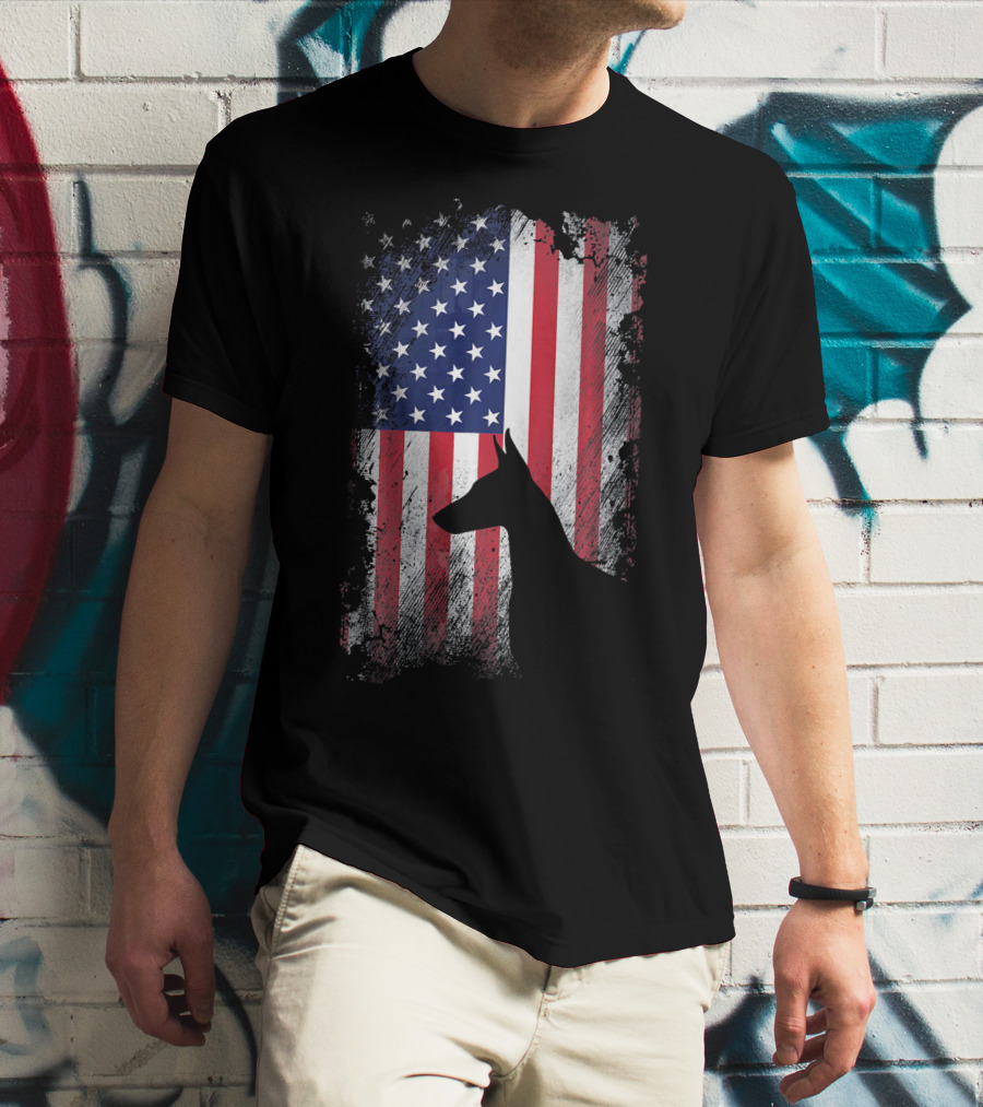 Doberman Pinscher Silhouette With American Flag Background T-Shirt