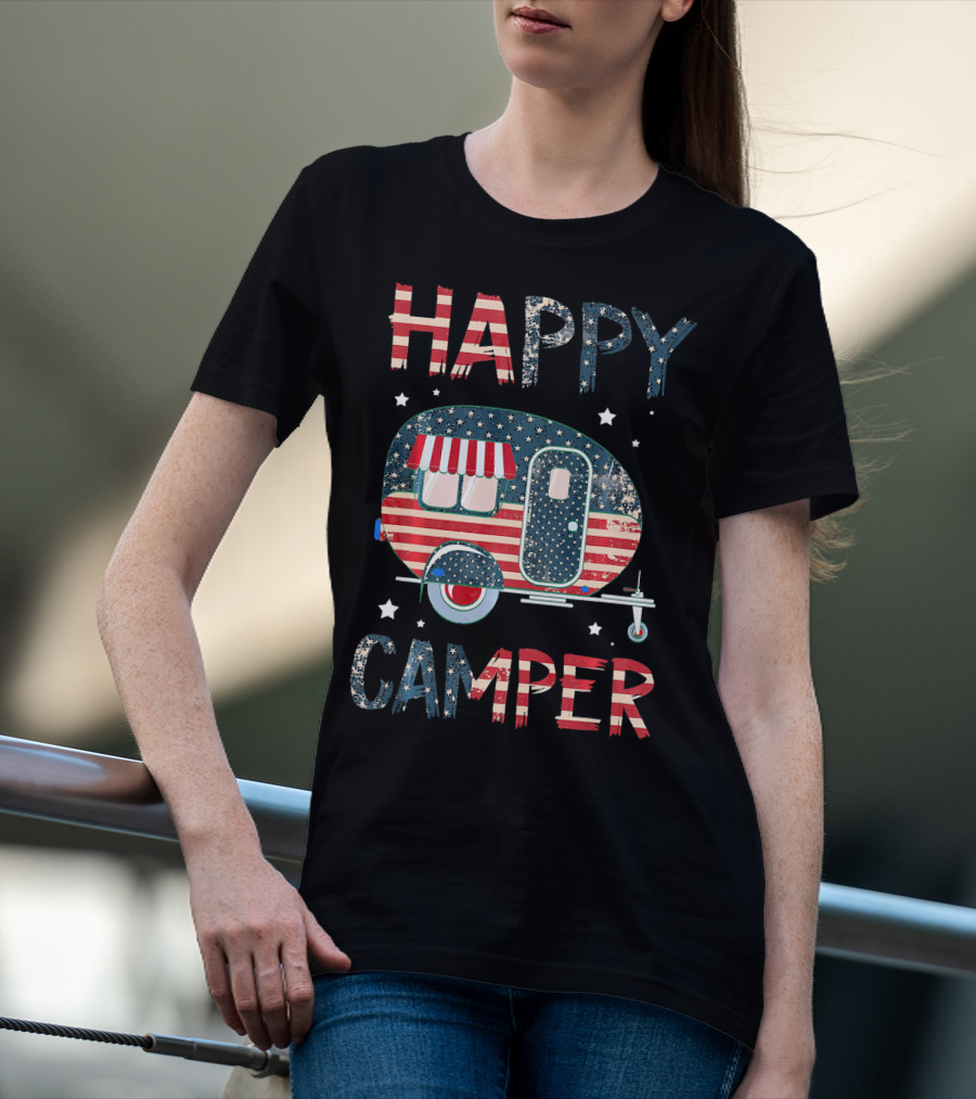 Happy Camper Stars And Stripes American Flag Patriotic T-Shirt