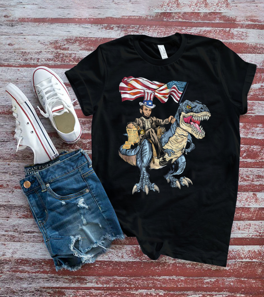 Abe Lincoln Riding Dinosaur With American Flag And Declaration T-Shirt