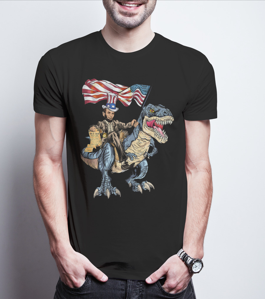 Abe Lincoln Riding Dinosaur With American Flag And Declaration T-Shirt