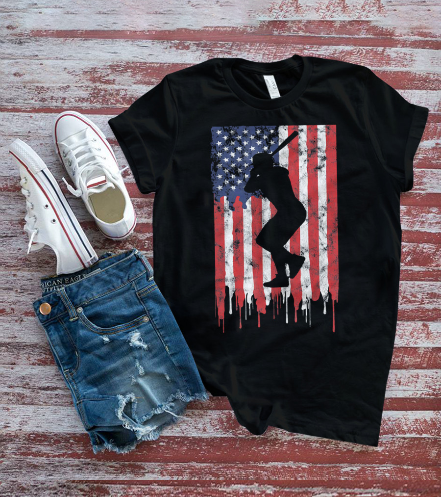 Vintage Baseball Batter Silhouette On Dripping American Flag Background T-Shirt