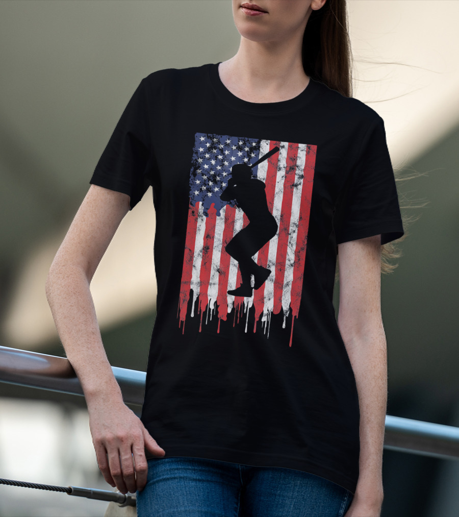 Vintage Baseball Batter Silhouette On Dripping American Flag Background T-Shirt