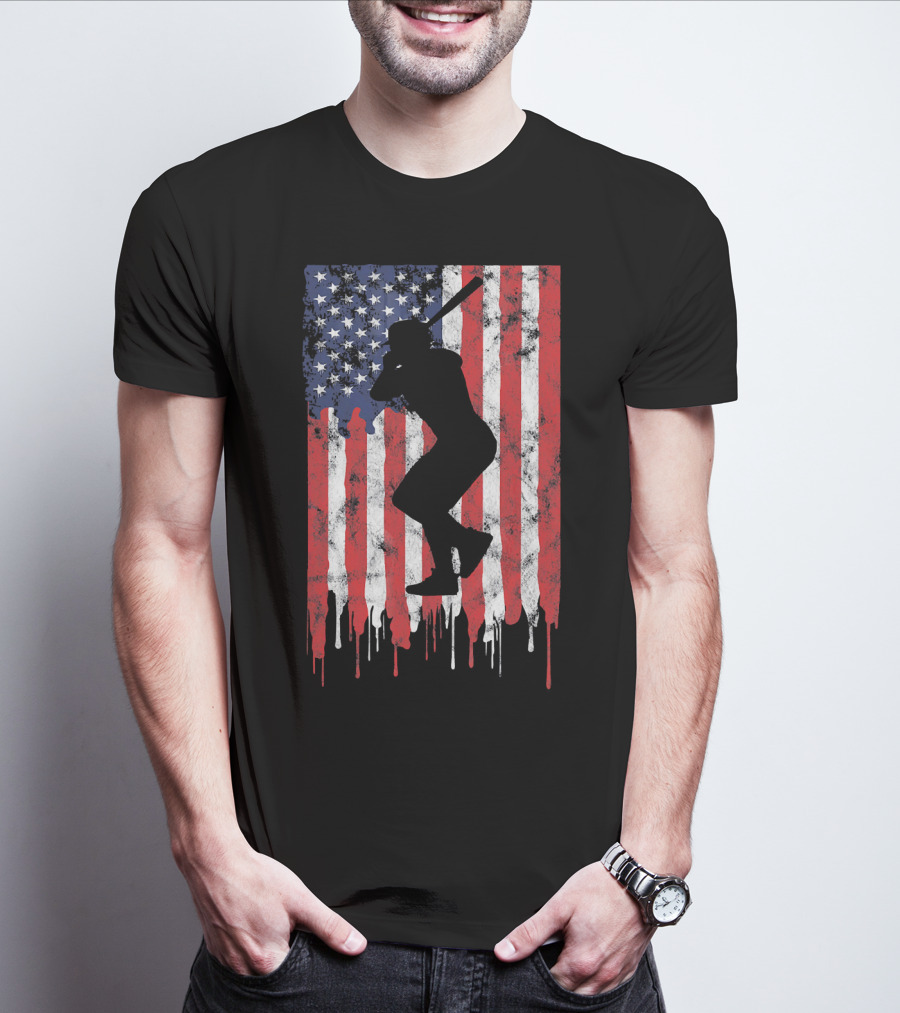 Vintage Baseball Batter Silhouette On Dripping American Flag Background T-Shirt