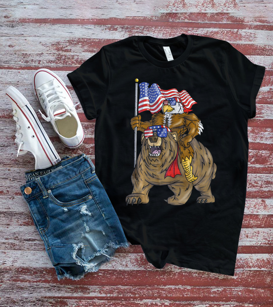 American Flag-Waving Bald Eagle Riding Bear With Sunglasses T-Shirt