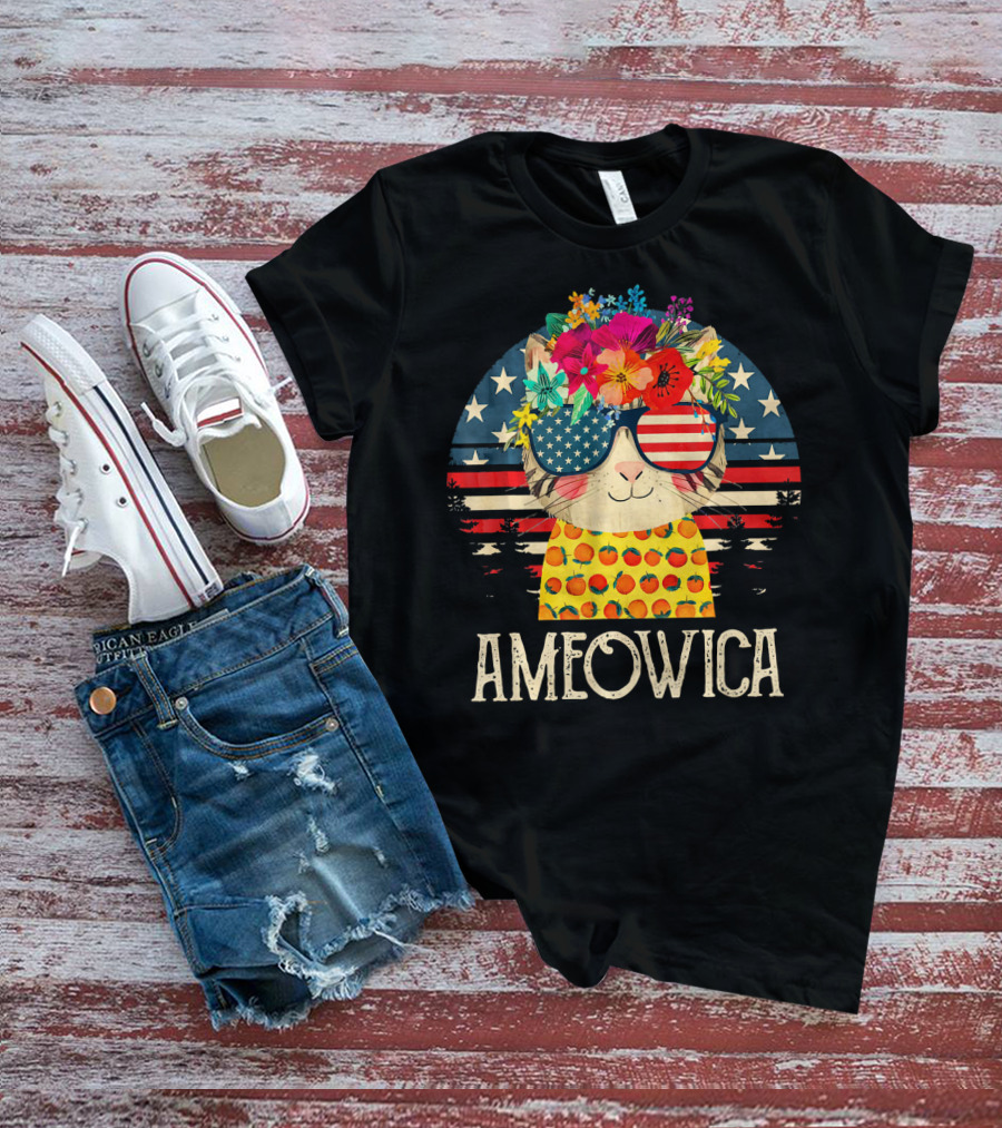 Ameowica Cute Cat With American Flag Glasses And Floral Crown T-Shirt