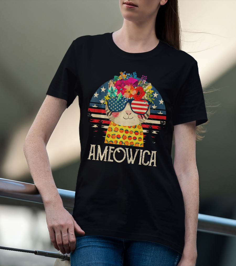 Ameowica Cute Cat With American Flag Glasses And Floral Crown T-Shirt
