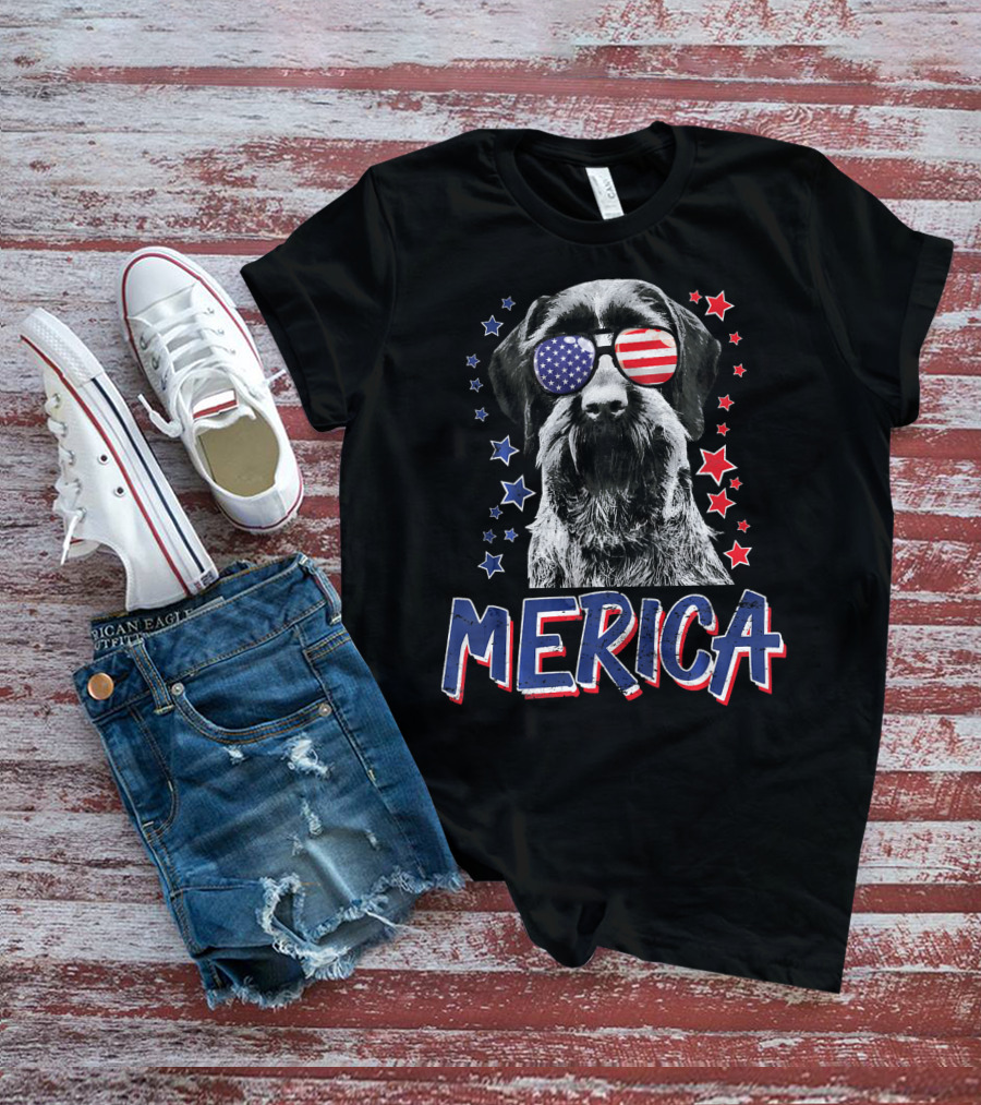 Merica German Wirehaired Pointer Dog With American Flag Sunglasses And Stars T-Shirt