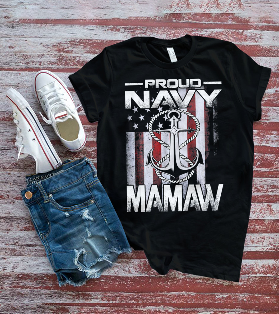 Proud Navy Mamaw USA Patriotic Anchor And Flag T-Shirt