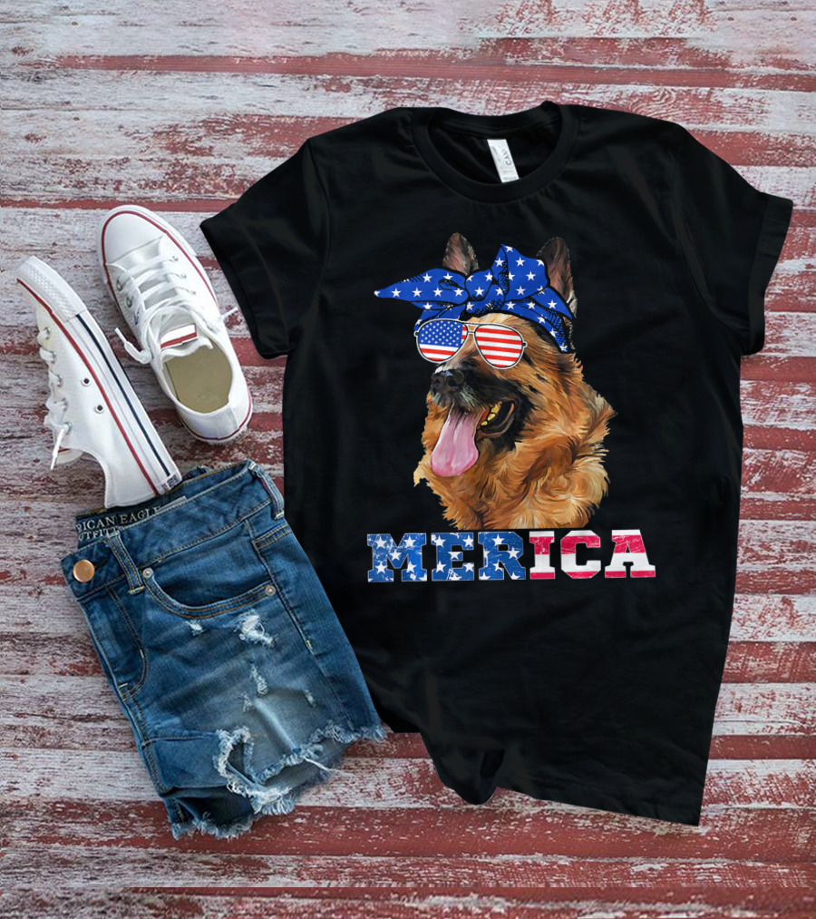 Merica German Shepherd Bandana Sunglasses American Flag T-Shirt