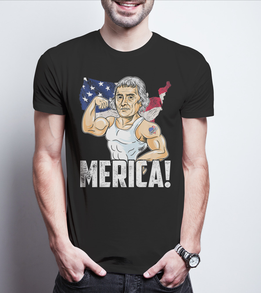 Thomas Jefferson Flexing Muscles Merica USA Flag T-Shirt