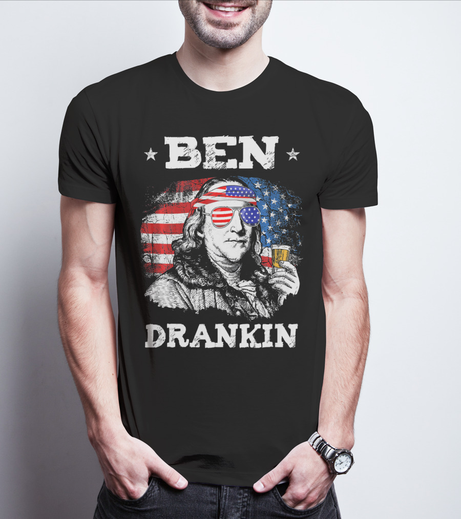 Ben Drankin Benjamin Franklin With American Flag Bandana And Sunglasses T-Shirt