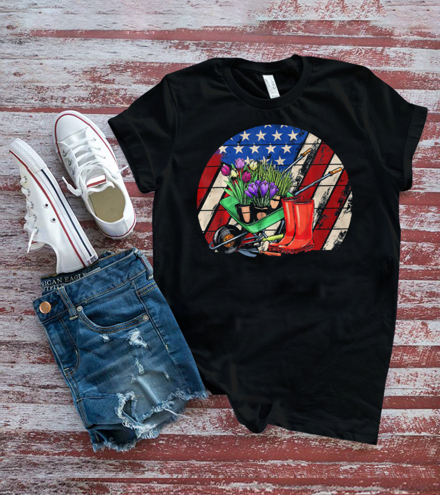 Vintage American Flag Gardening Scene With Wheelbarrow And Red Boots T-Shirt