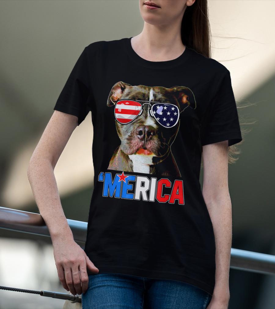Pitbull 'Merica Memorial Day Patriotic USA Sunglasses T-Shirt