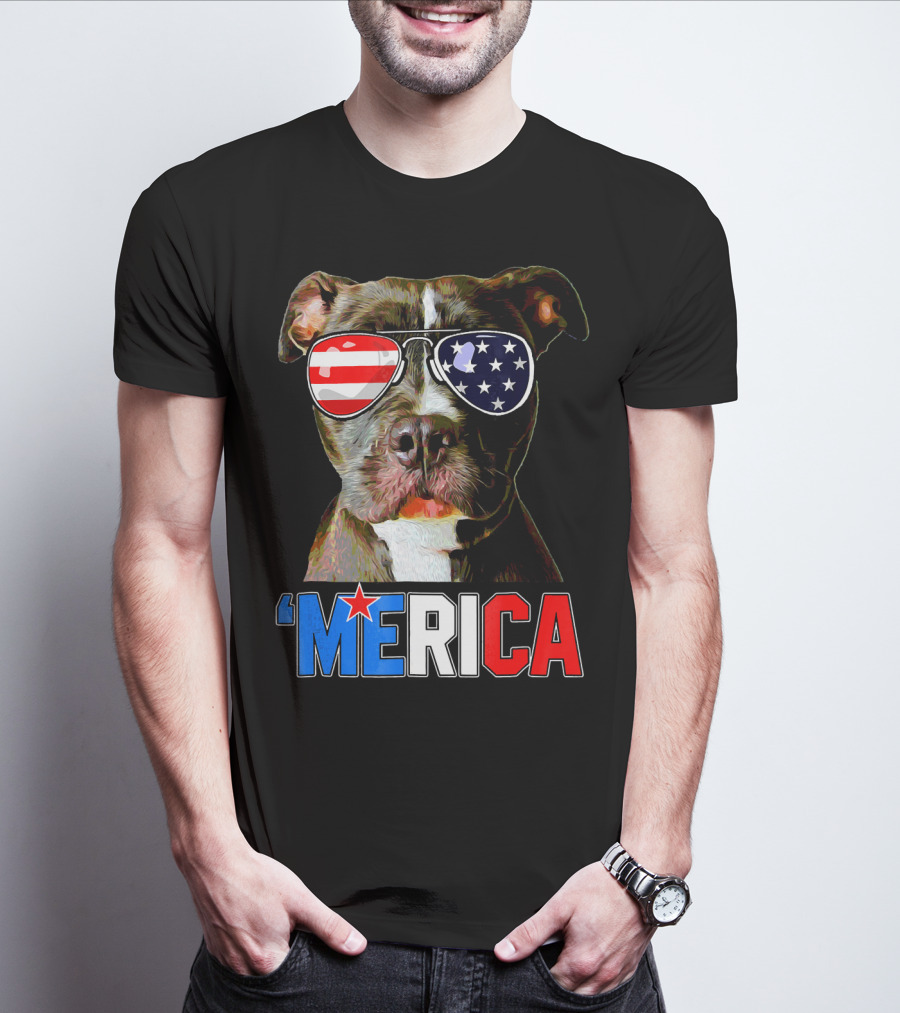 Pitbull 'Merica Memorial Day Patriotic USA Sunglasses T-Shirt