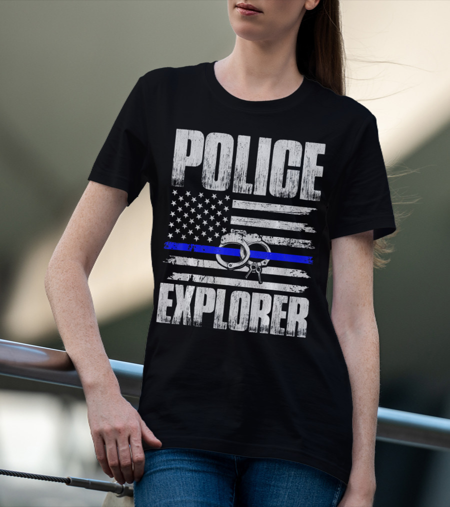 Police Explorer American Flag Handcuffs Thin Blue Line T-Shirt