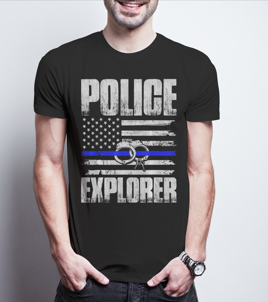 Police Explorer American Flag Handcuffs Thin Blue Line T-Shirt