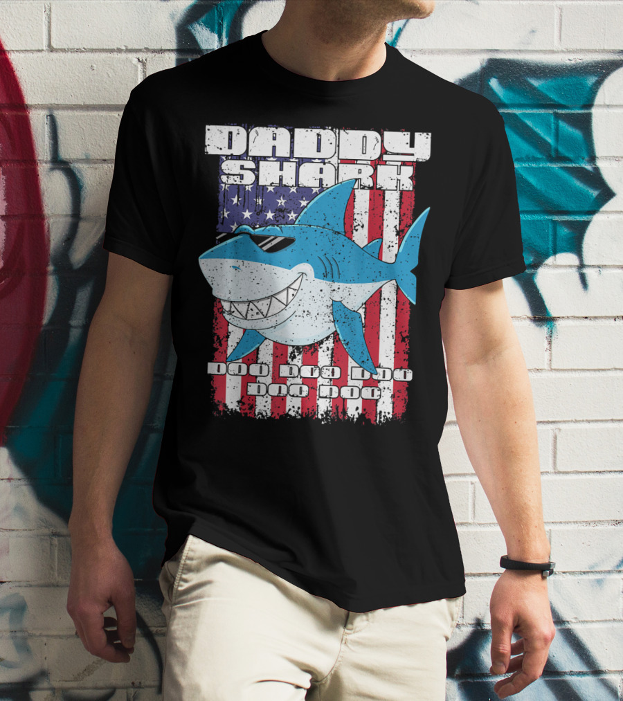 Daddy Shark Doo Doo Doo American Flag T-Shirt