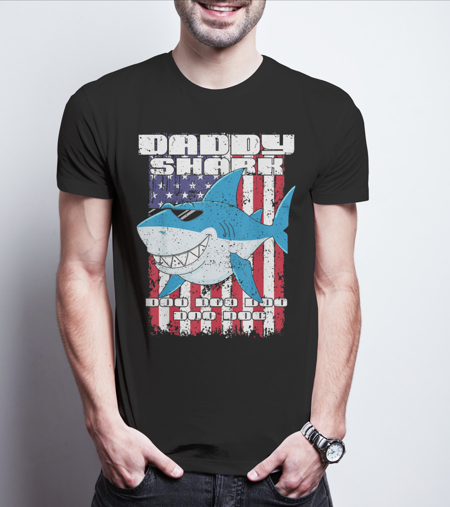 Daddy Shark Doo Doo Doo American Flag T-Shirt