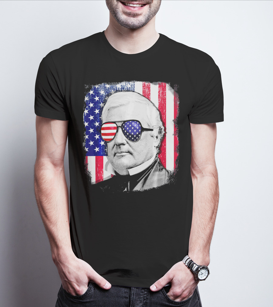 Millard Fillmore Portrait With American Flag Sunglasses And US Flag Background T-Shirt