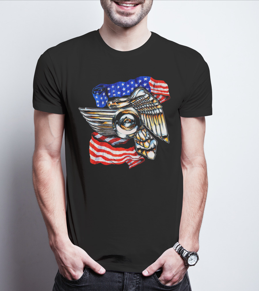 American Motorcycle Biker Eagle Emblem With Flag Wings T-Shirt