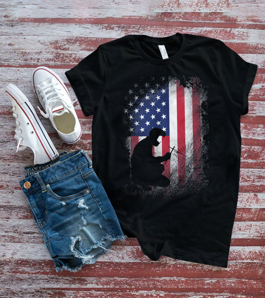 Welder Silhouette With American Flag USA Patriotic T-Shirt