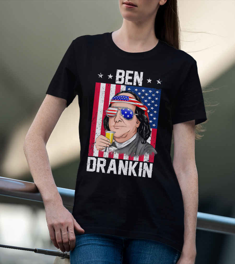 Ben Drankin American Flag Shades And Stars With Beer T-Shirt