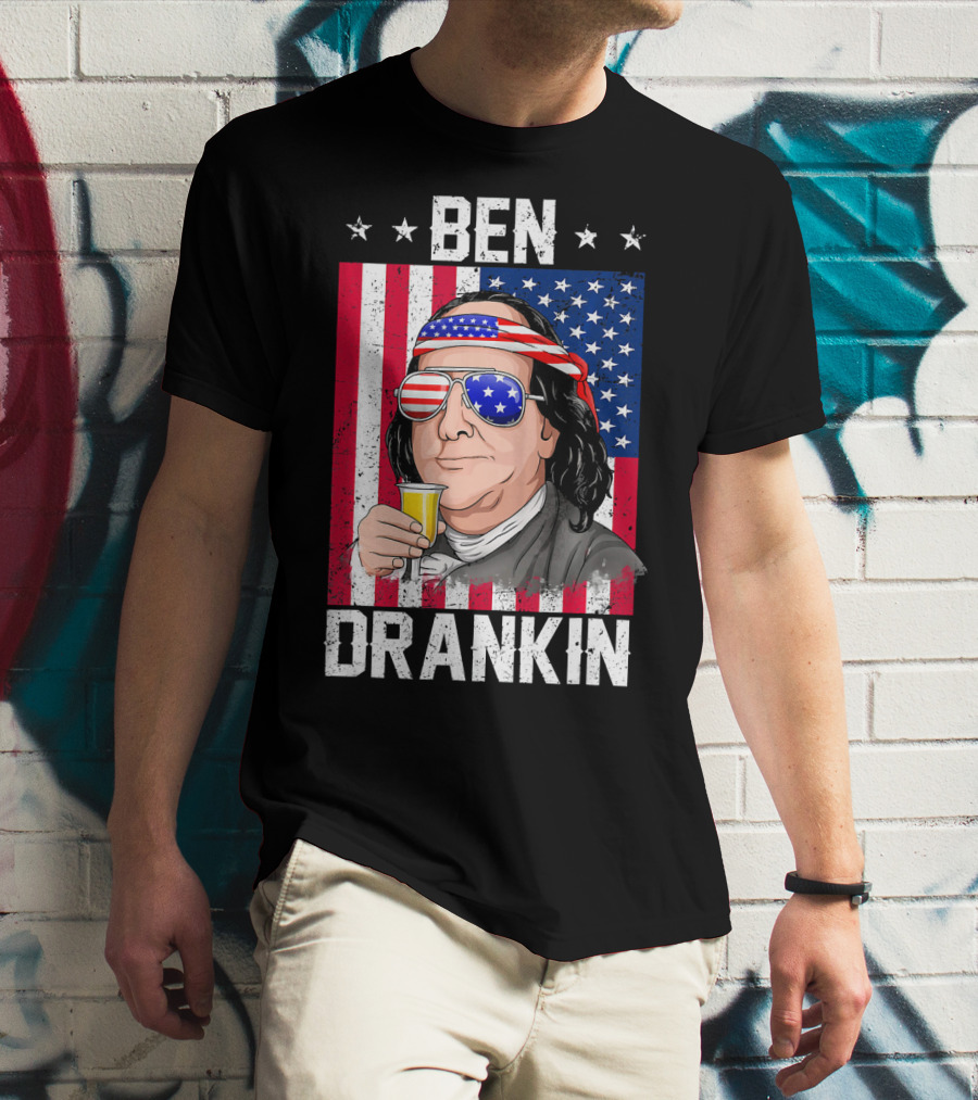 Ben Drankin American Flag Shades And Stars With Beer T-Shirt